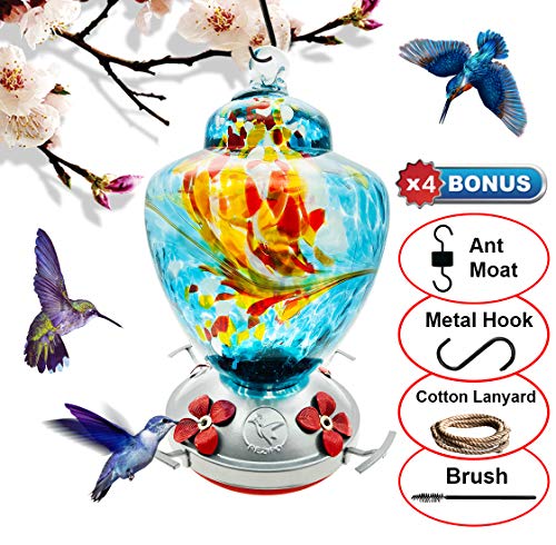 REZIPO Hummingbird Feeder with Perch - Hand Blown Glass - Blue - 38 Fluid Ounces Hummingbird Nectar Capacity Include Hanging Wires and Ant Moat