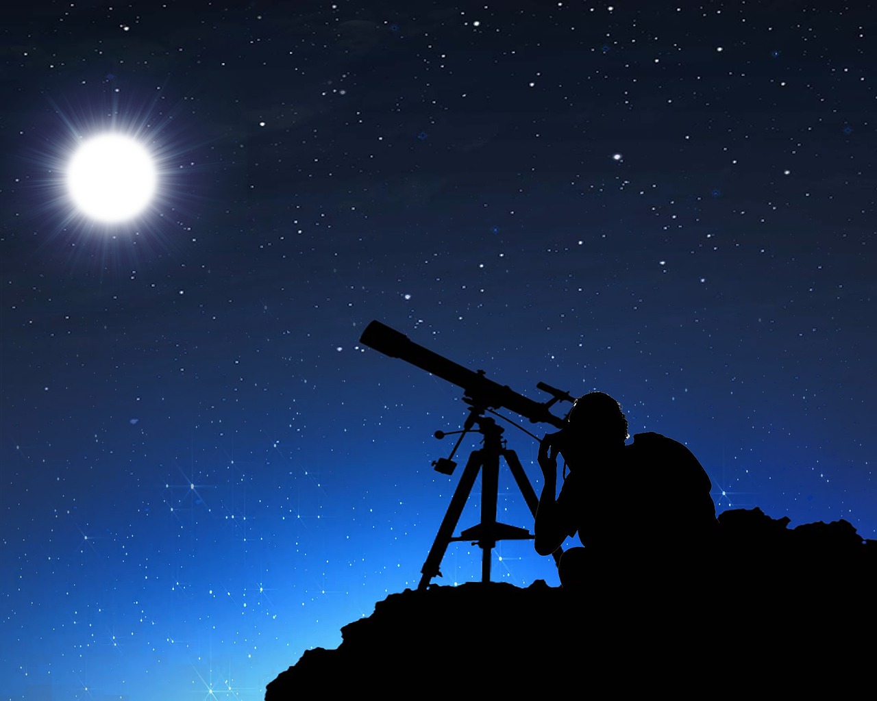 person using telescope in the night sky