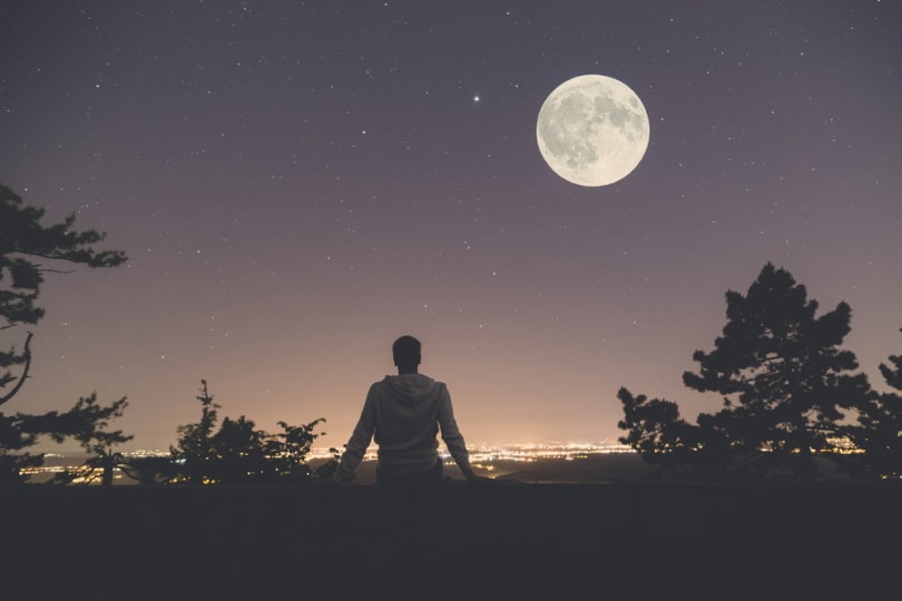 man sitting watching the moon