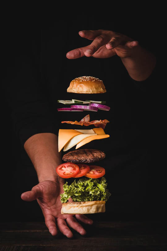 deconstructed burger falling