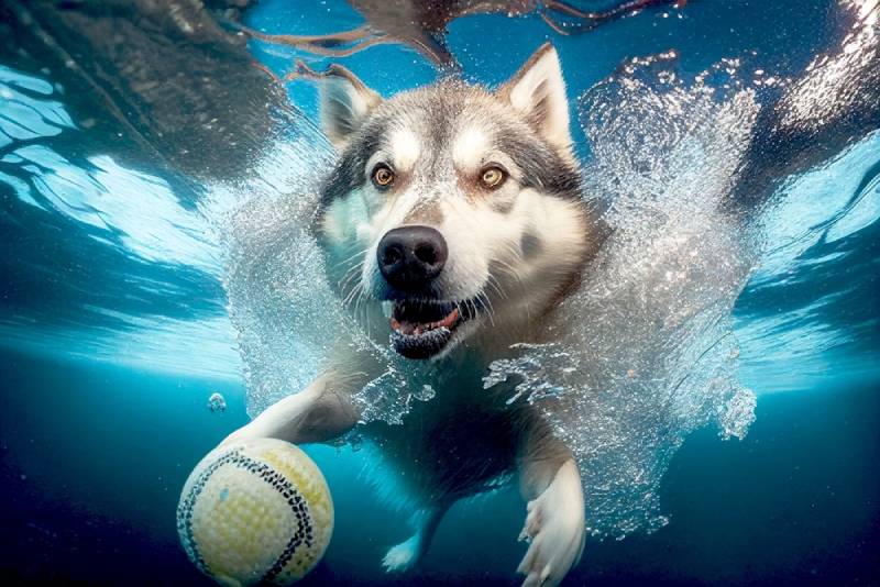 husky catching ball underwater