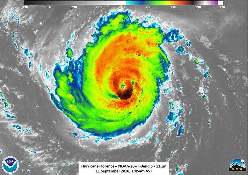 hurricane florence as seen on NASA infrared satellite imagery